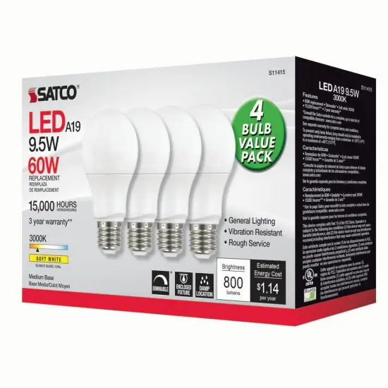 4Pk - Satco 9.5w 120v A19 LED Bulb 3000k Soft White - 60w-equiv {3}