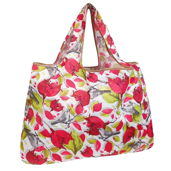 Wrapables Large Foldable Tote Nylon Reusable Grocery Bag Red Floral Gray Bird {1}