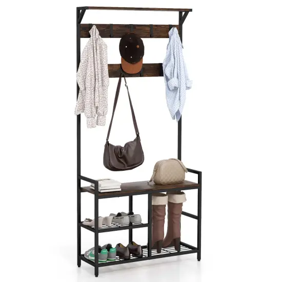 Costway 71'' Coat Rack Hall Tree with Shoe Bench Industrial Entryway Storage Shelf with Hooks {1}