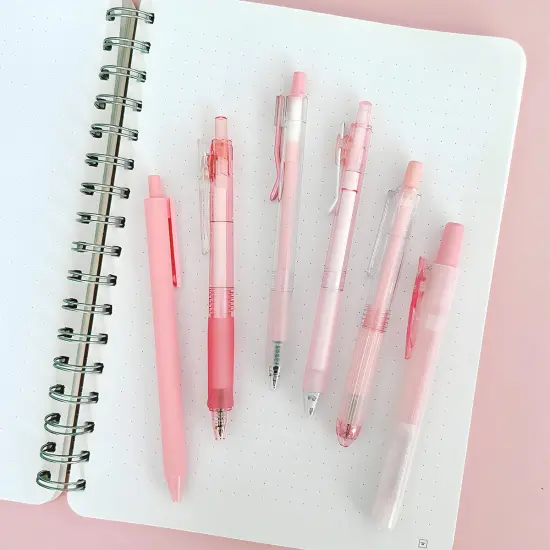 Wrapables Retractable Rollerball Pens and Highlighter Set, 0.5mm Black Gel Ink Pens for Home, Office, Stationery (Set of 6) Pink {6}