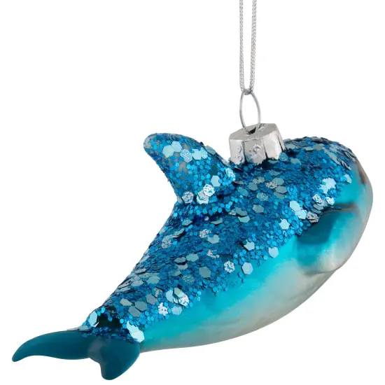 Northlight Dolphin Glittered Glass Christmas Hanging Ornament - 4.75" - Sea Blue and White {5}
