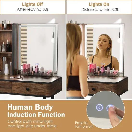 Vanity Makeup Table Set with Lighted Mirror and 3-in-1 Charging Station Brown {5}