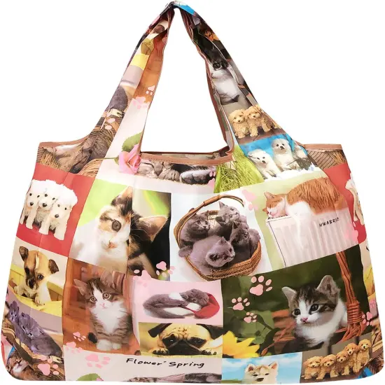 Wrapables Large Foldable Tote Nylon Reusable Grocery Bag, 3 Pack Kitties & Puppies {2}