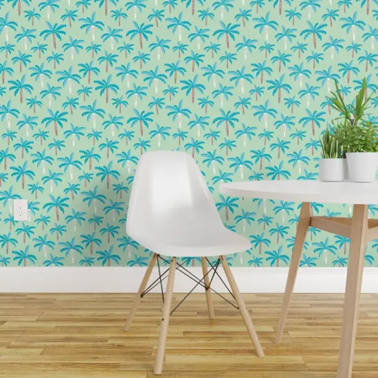 Pre-Pasted Wallpaper 2FT Wide Green Trees Tree Palm Sun Jungle Summer Beach Tropical Hawaii Island Surf Palms Coastal Chic Small Scale Custom Pre-pasted Wallpaper by Spoonflower {1}
