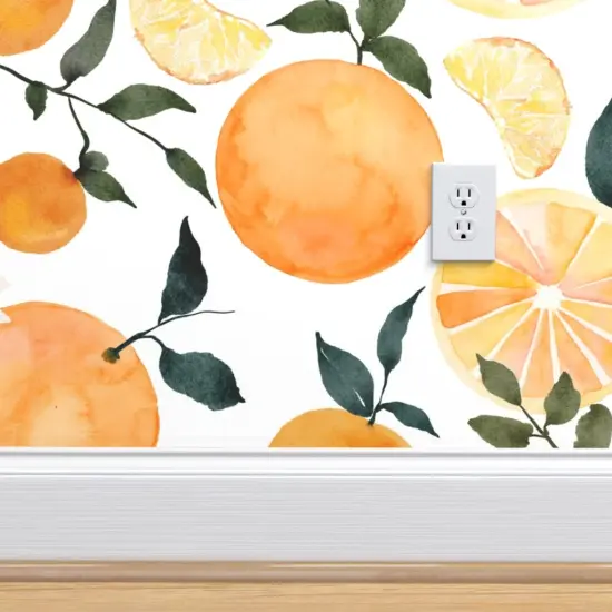 Peel & Stick Wallpaper 2FT Wide Watercolor Fruit Summer Orange Citrus Modern Botanical Bright Custom Removable Wallpaper by Spoonflower {4}