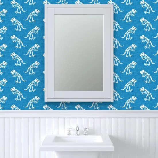 Pre-Pasted Wallpaper 2FT Wide Blue Dinosaur Tyrannosaurus Rex Trex Dino Bones Kid Small Scale Jurassic Custom Pre-pasted Wallpaper by Spoonflower {6}