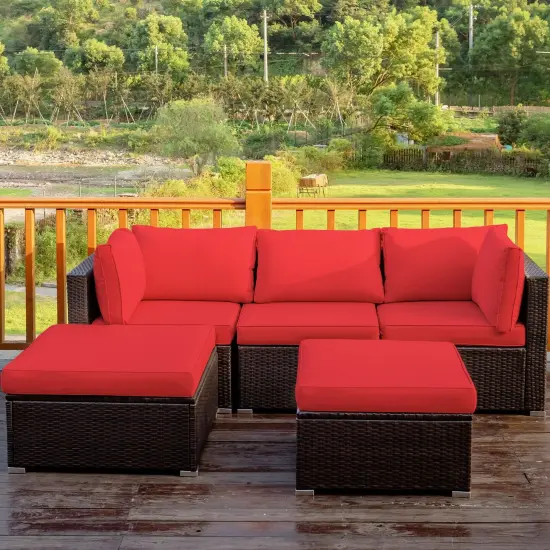 5 Pieces Patio Sectional Rattan Furniture Set with Ottoman Table Red {1}