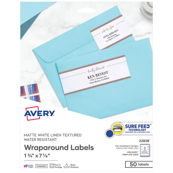 Avery Printable Wraparound Rectangle Labels, 7.85" x 1.75", Textured White, 50 Customizable Labels (22838) {1}