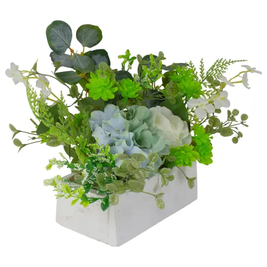 Northlight Hydrangea and Rose Artificial Floral Arrangement in Planter - 14" - Blue and White Green {6}