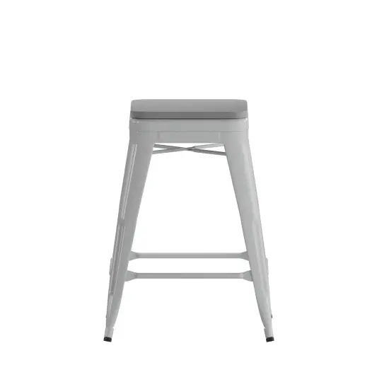 Emma and Oliver Cory Set of Four Backless Metal Stools with All-Weather Poly Resin Seats for Indoor Use Only Silver/Gray {3}