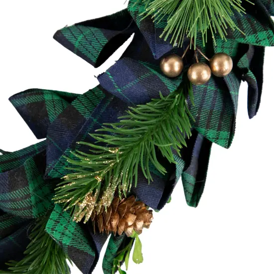 Northlight Blue and Green Plaid Bow Artificial Pine Christmas Wreath, 17.75-Inch, Unlit {4}