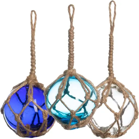 Japanese Glass Fishing Floats Ball - 3" Aqua Cobalt and White (3 Pack) - Glass Buoys With Rope {1}