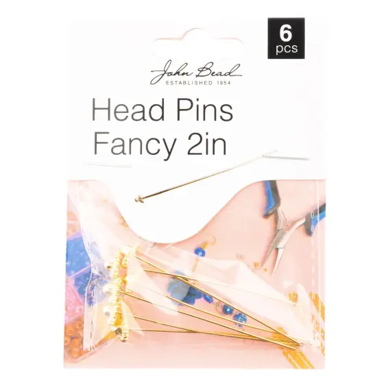 John Bead Head Pins Fancy 2in 6/Pkg-Gold {1}