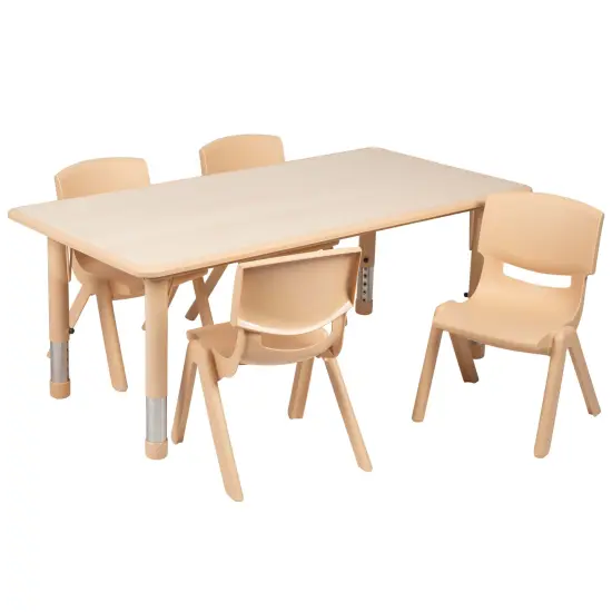 Emma and Oliver 23.625"W x 47.25"L Rectangular Plastic Height Adjustable Activity Table Set with 4 Chairs Natural {2}