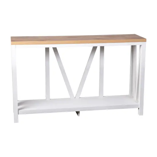 Merrick Lane Erikson Modern Farmhouse Engineered Wood Sofa Table with Wood Bracing and Lower Shelf Warm Oak/Marble {6}