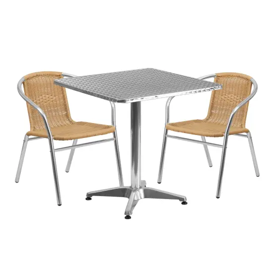 Emma and Oliver 27.5" Square Aluminum Garden Patio Table Set with 2 Rattan Chairs Beige {1}