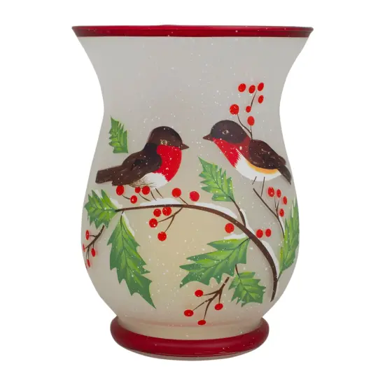 Northlight 8" Hand Painted Finches and Pine Glass Christmas Candle Holder White {6}