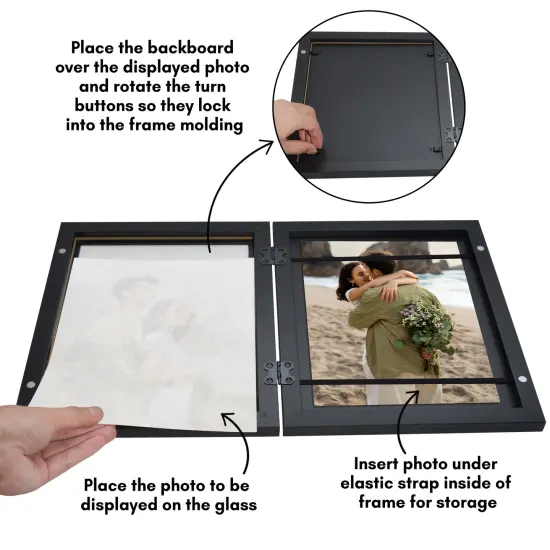 Americanflat Quick-Change Photo Storage Display Frame - Store up to 35 Pictures at Once with Elastic Strap Storage - Shatter Resistant Glass - Hanging Hardware - Includes Easel - Black {12}