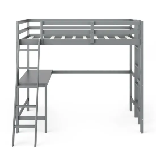 Twin Size Pine Wood Loft Bed with Desk, Guardrail, Dual Ladders Grey {1}