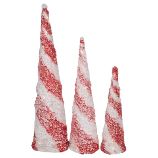 Northlight LED Lighted Snowy Candy Cane Striped Christmas Cone Trees - 3.25' - Set of 3 Red {1}