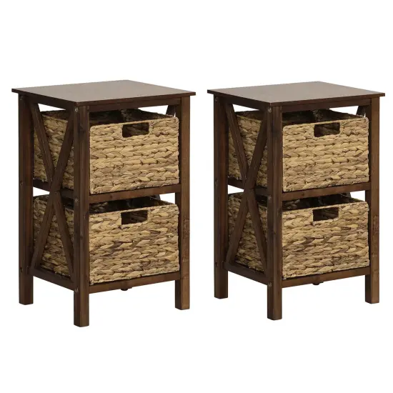 Costway 1/2 PCS 2-Tier Nightstand with 2 Seagrass Baskets Rubber Wood X-Shaped Frames 2 Drawers {7}