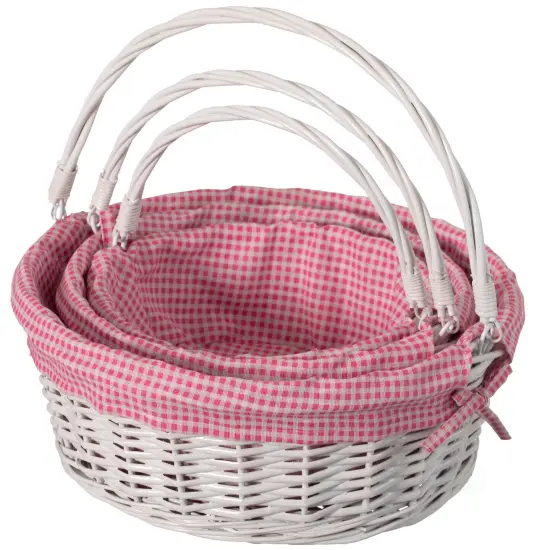 Traditional White Round Willow Gift Basket with Gingham Liner and Sturdy Foldable Handles, Food Snacks Storage Basket {2}