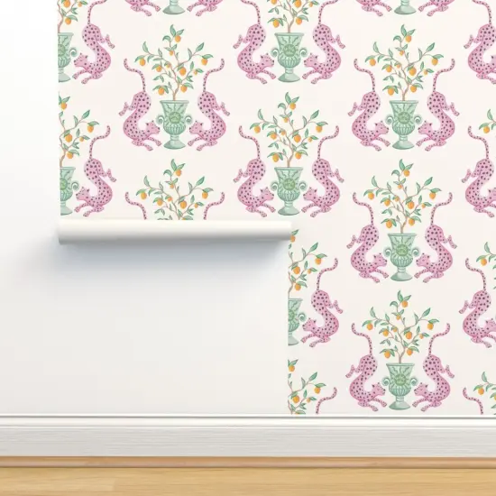Peel & Stick Wallpaper 2FT Wide Whimsical Pink Green Orange Damask Animals Botanical Custom Removable Wallpaper by Spoonflower {2}