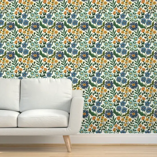 Peel & Stick Wallpaper 2FT Wide Wildflower Graceful Flowers Blossoms Petals Blue Green Orange Marigold Daisy Custom Removable Wallpaper by Spoonflower {5}