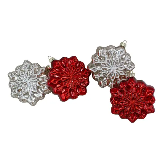 Northlight Glass Snowflake Christmas Ornaments - 3.75-Inch (100mm) - Red and Silver - 4ct {1}