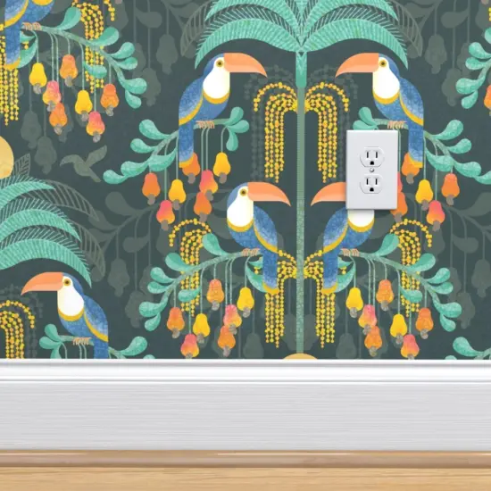 Peel & Stick Wallpaper 2FT Wide Rainforest Damask Dark Tropical Forest Exotic Birds Fruit Soft Orange Coral Salmon Bright Pastel Boho Yellow Mint Blue Large Scale Custom Removable Wallpaper by Spoonflower {4}