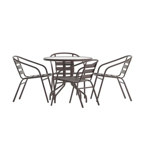 Emma and Oliver Rhea 31.5'' Round Glass Top Metal Table with 4 Aluminum Slat Stack Chairs Silver {7}
