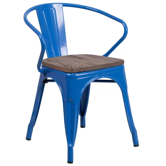 Emma and Oliver Metal Chair with Wood Seat and Arms Blue {1}