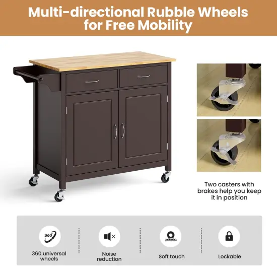 Modern Rolling Kitchen Cart Island with Wood Counter Top and 2 Lockable Wheels Brown {2}