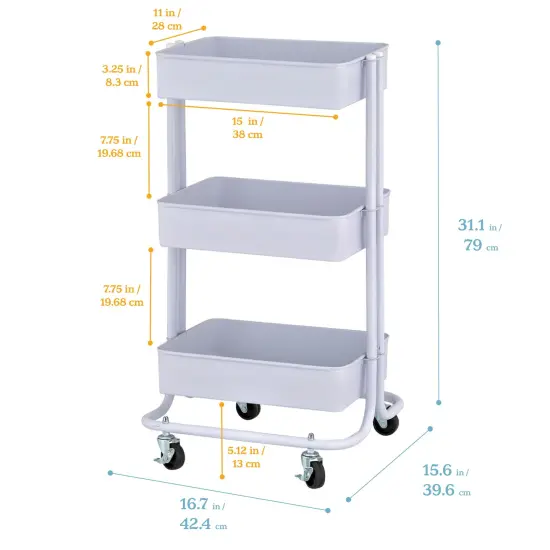 3-Tier Metal Rolling Utility Cart, Mobile Storage Organizer White {2}