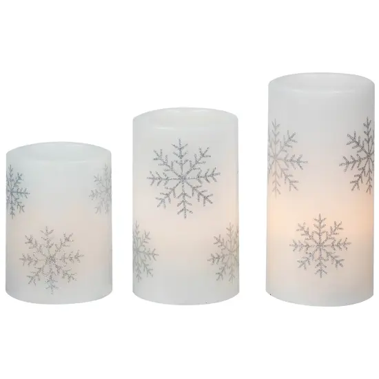 Northlight LED Flameless Flickering Wax Pillar Snowflake Christmas Candles - 6" - Set of 3 White {5}