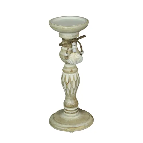 11 Inch Wood Pedestal Candle Holder Rustic White Washed Pillar With Sea Shells {1}