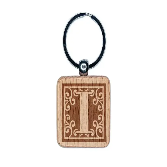 Monogram Swirls Capital Letter I Engraved Wood Square Keychain Tag Charm {1}