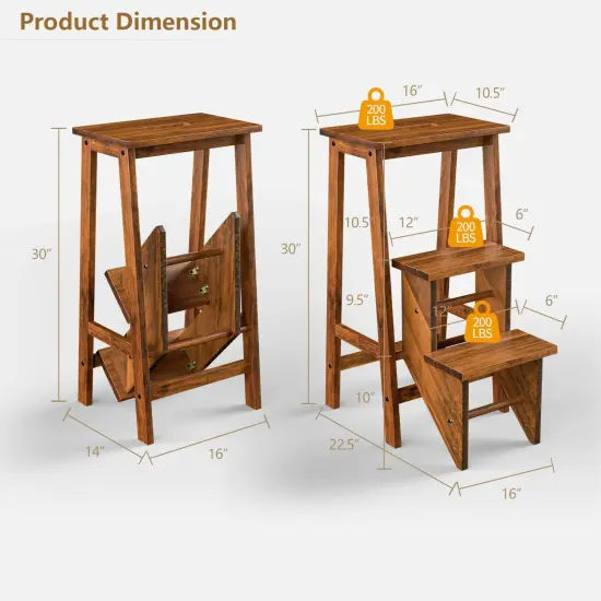 3-in-1 Rubber Wood 3 Tier Folding Step Stool Ladder Storage Shelf Coffee {5}