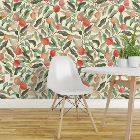 Peel & Stick Wallpaper 2FT Wide Peaches Fruit Leaves Botanical Floral Food Sage Green Peach Custom Removable Wallpaper by Spoonflower {1}