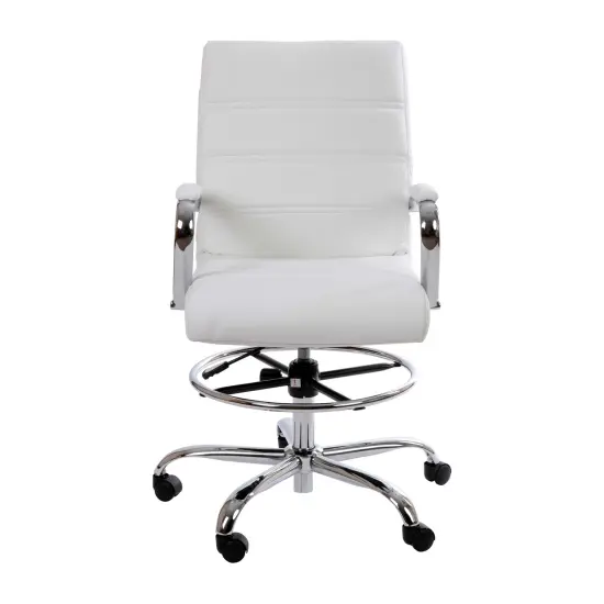 Merrick Lane Tevia Mid-Back Drafting Chair with Adjustable Foot Ring Faux Leather Upholstered Swivel Chair with Chrome Base White {3}