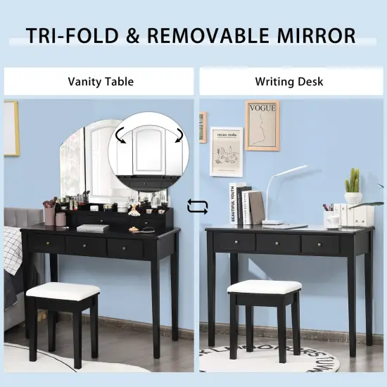 Vanity Table Stool Set with Large Tri-folding Lighted Mirror Black {1}