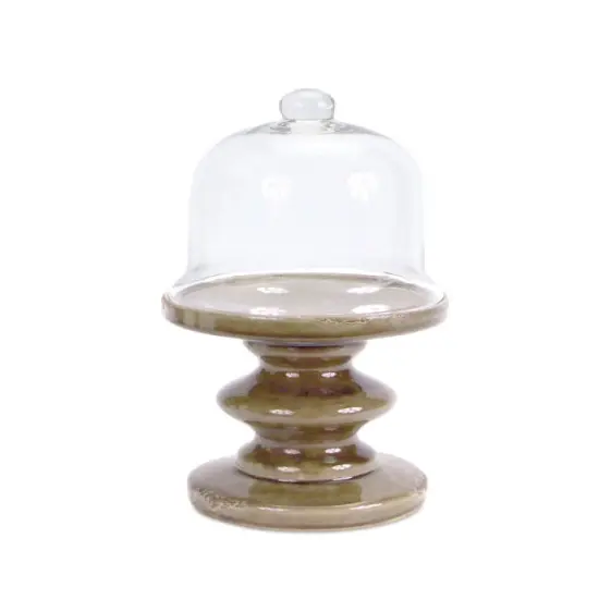 Melrose 13.75" Distressed Finish Ceramic Brown Pedestal with Glass Dome Table Top Decoration {1}