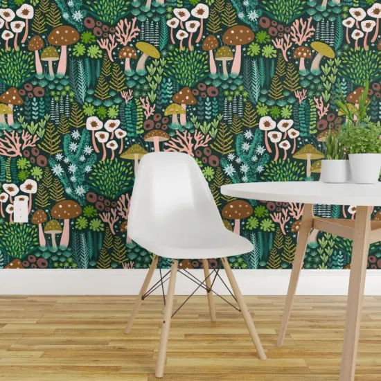 Peel & Stick Wallpaper 2FT Wide Green Mossy Mushrooms Woodland Botanical Lichen Nature Whimsical Teal Custom Removable Wallpaper by Spoonflower {1}
