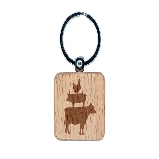 Chicken Pig Cow Stacked Engraved Wood Square Keychain Tag Charm {1}