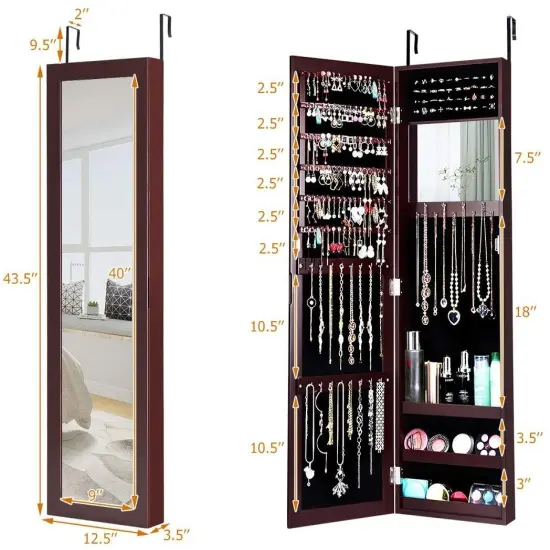 Full Length Mirror Jewelry Cabinet with Ring Slots and Necklace Hooks Coffee {4}