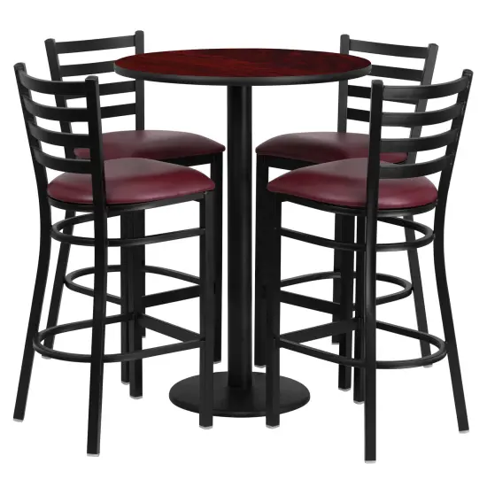 Emma and Oliver 30" Round Laminate Table Set with 4 Ladder Back Metal Stools Mahogany/BurgundyVYL {1}