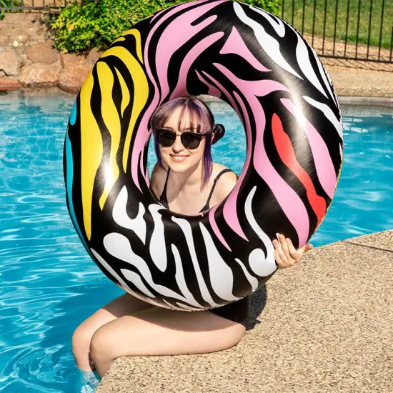 Swim Central 39" Multi-Color Zebra Stripes Inflatable Inner Tube Ring Float Black {5}