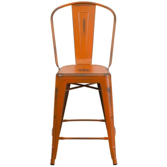 Merrick Lane Sabine Metal Indoor-Outdoor Counter Stool with Vertical Slat Back and Integrated Footrest Orange {3}