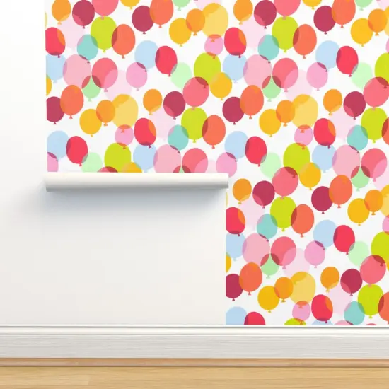 Pre-Pasted Wallpaper 2FT Wide Bright Balloons Birthday Party Colorful Happy Orange Red Pink Custom Pre-pasted Wallpaper by Spoonflower {2}