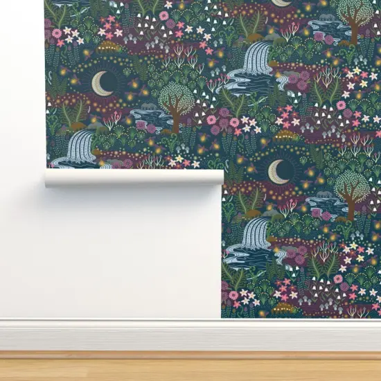 Pre-Pasted Wallpaper 2FT Wide Magical Garden Woodland Floral Whimsical Night Botanical Fireflies Moon Jewel Tone Custom Pre-pasted Wallpaper by Spoonflower {2}